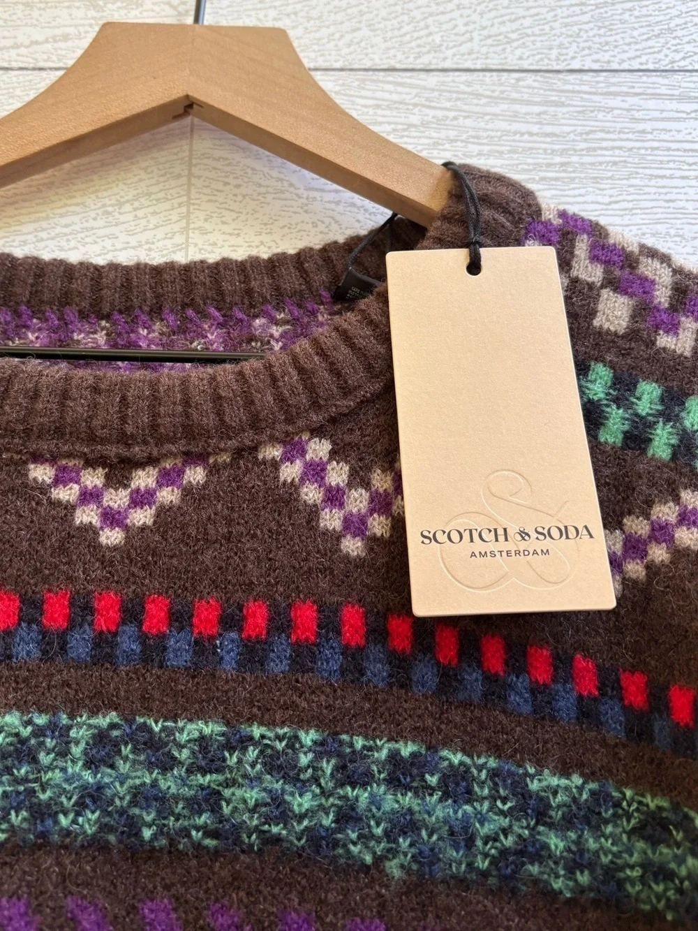 Scotch & Soda Fair Isle Jacquard Crewneck Sweater Brown Multi Mohair Blend L NWT